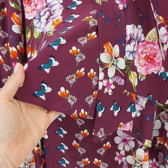 Parker Bohemian Contemporary Maroon Floral Butterflies Silk Blouse Top L (O15) - Picture 3 of 13